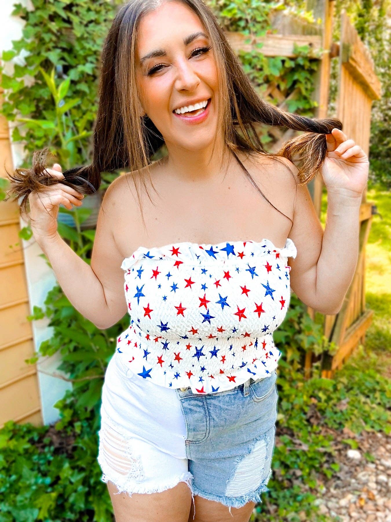 Star Smocked & Ruffled Cropped Tube Top: L