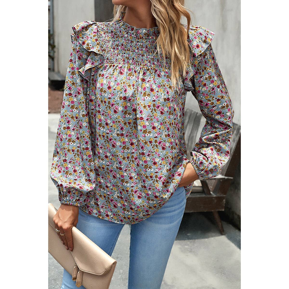 Floral Print Smocked Ruffled Shoulder Loose Blouse: BLUE / S