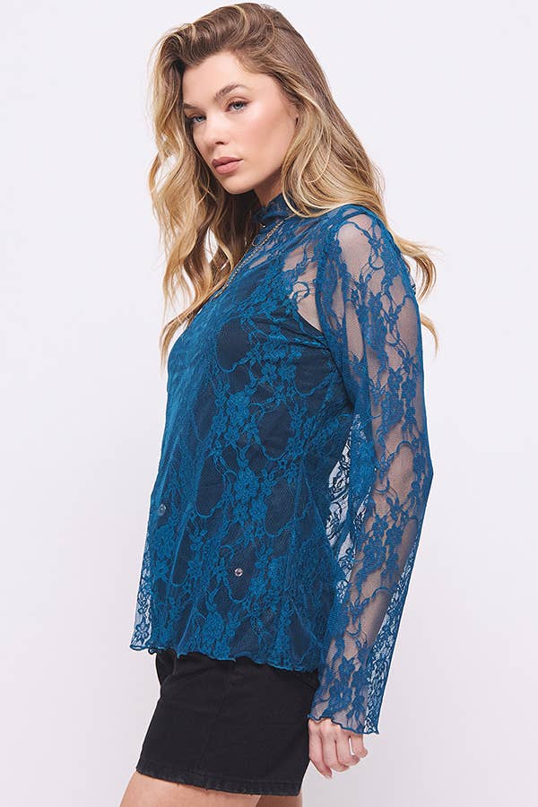 Floral print lace long sleeves top KRT1739: FUCHSIA / M