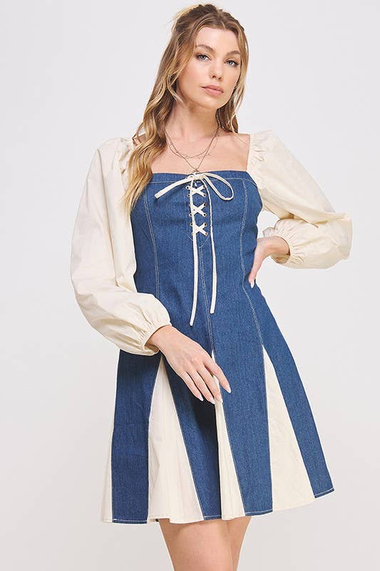 LONG SLEEVE 2-TONE LACE UP DENIM FLONCE DRESS: DENIM / M