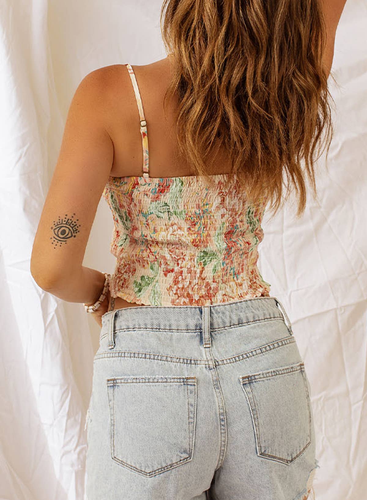 Floral Print Smocked Ruched Tank Top: Apricot / 100%Polyester / M