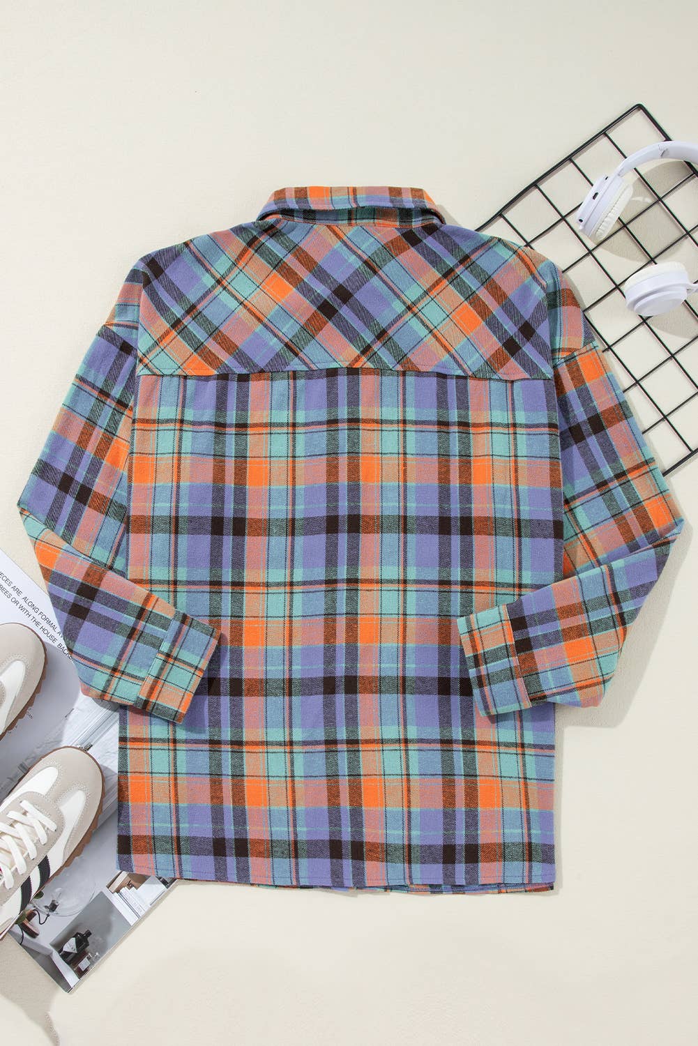 Plaid Long Sleeve Buttoned Shirt: Orange / M
