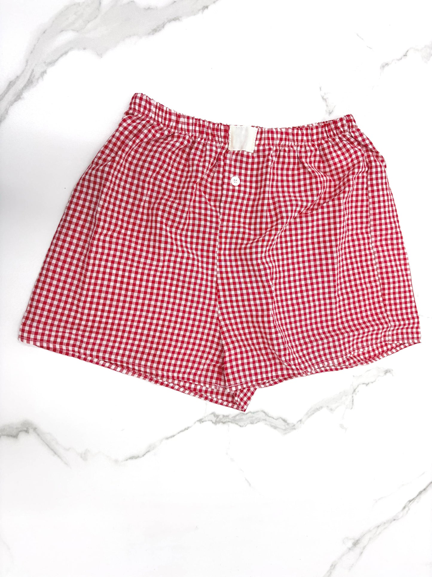 Gingham High-Rise Shorts: RED / S