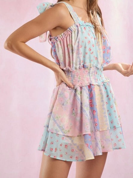 "Paisley" Floral Print Double Layered with Adjustable Tie Straps - Romper