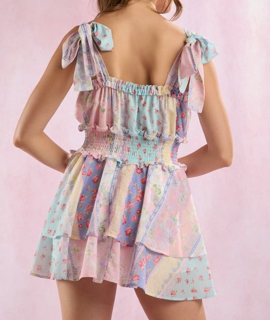 "Paisley" Floral Print Double Layered with Adjustable Tie Straps - Romper