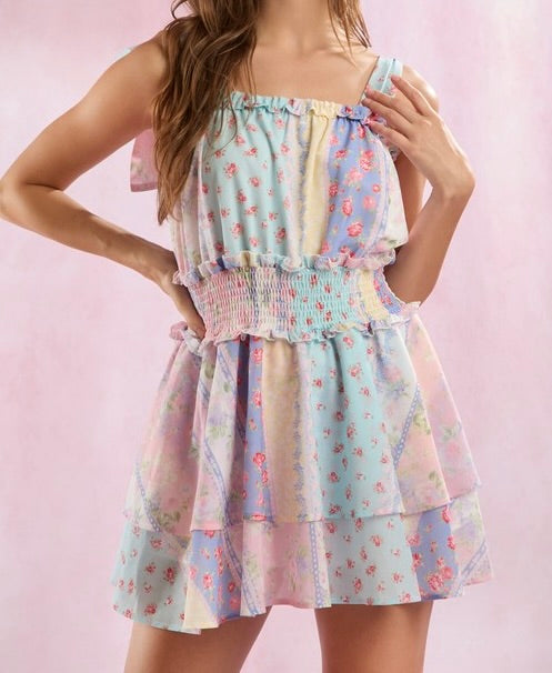"Paisley" Floral Print Double Layered with Adjustable Tie Straps - Romper