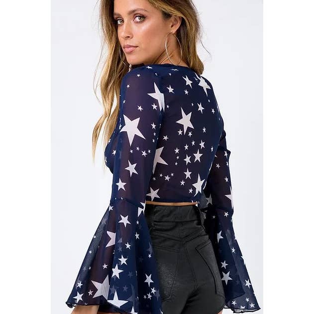 STAR PRINT BELL SLEEVE TIE UP MESH TOP: NAVY