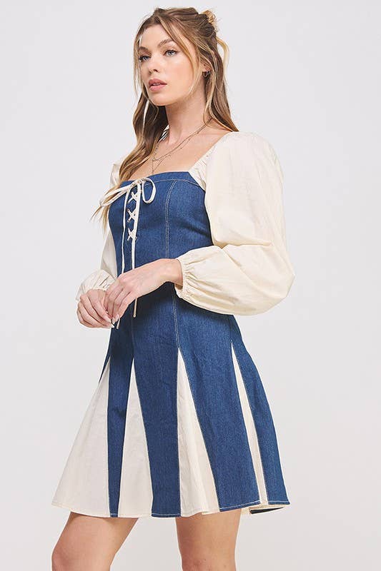 LONG SLEEVE 2-TONE LACE UP DENIM FLONCE DRESS: DENIM / M