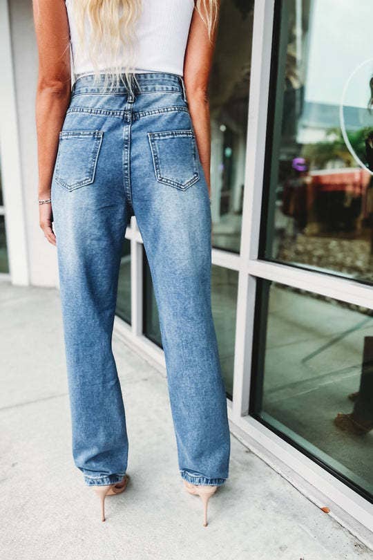 Denim & Diamonds Rhinestone Chain Ripped Cut Out Jeans: Blue / M
