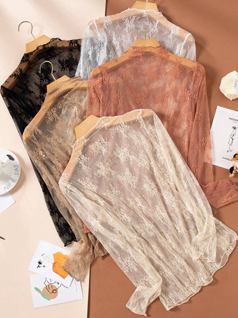 Lace Long Sleeve Top: BEIGE / L/XL