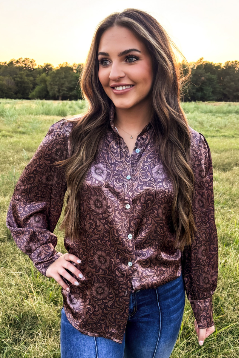 Bronzed Bloom Button Up: L