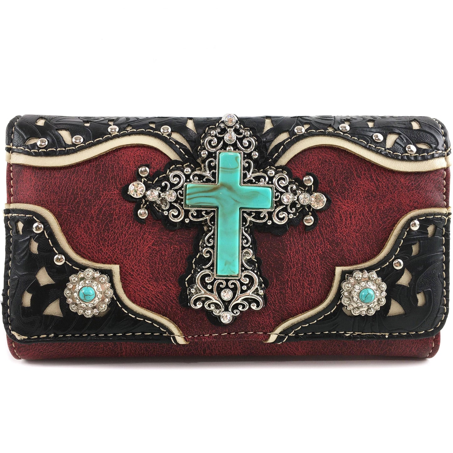 Turquoise Cross Pu Leather Western Crossbody Wallet: Beige
