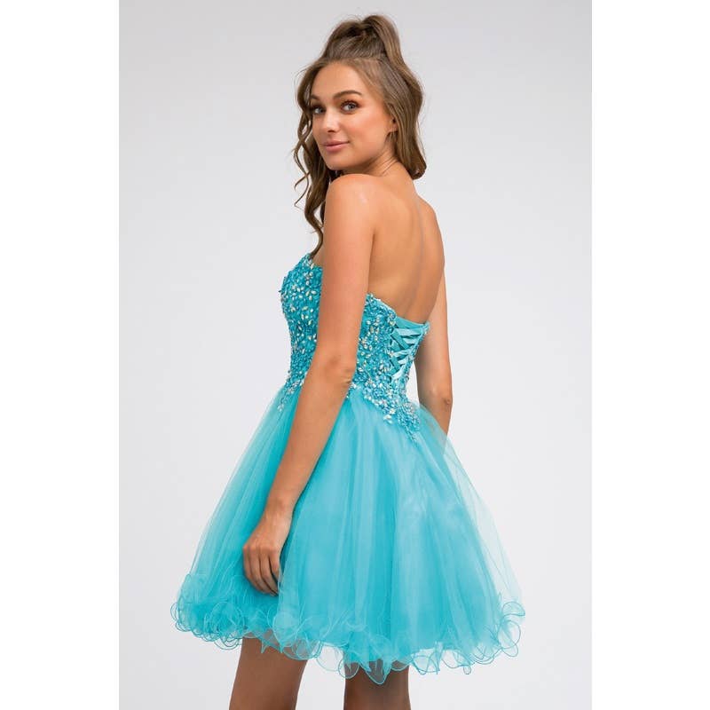 SWEETHEART WITH EMBROIDERY ON TOP SHORT DRESS: TURQUOISE / XL