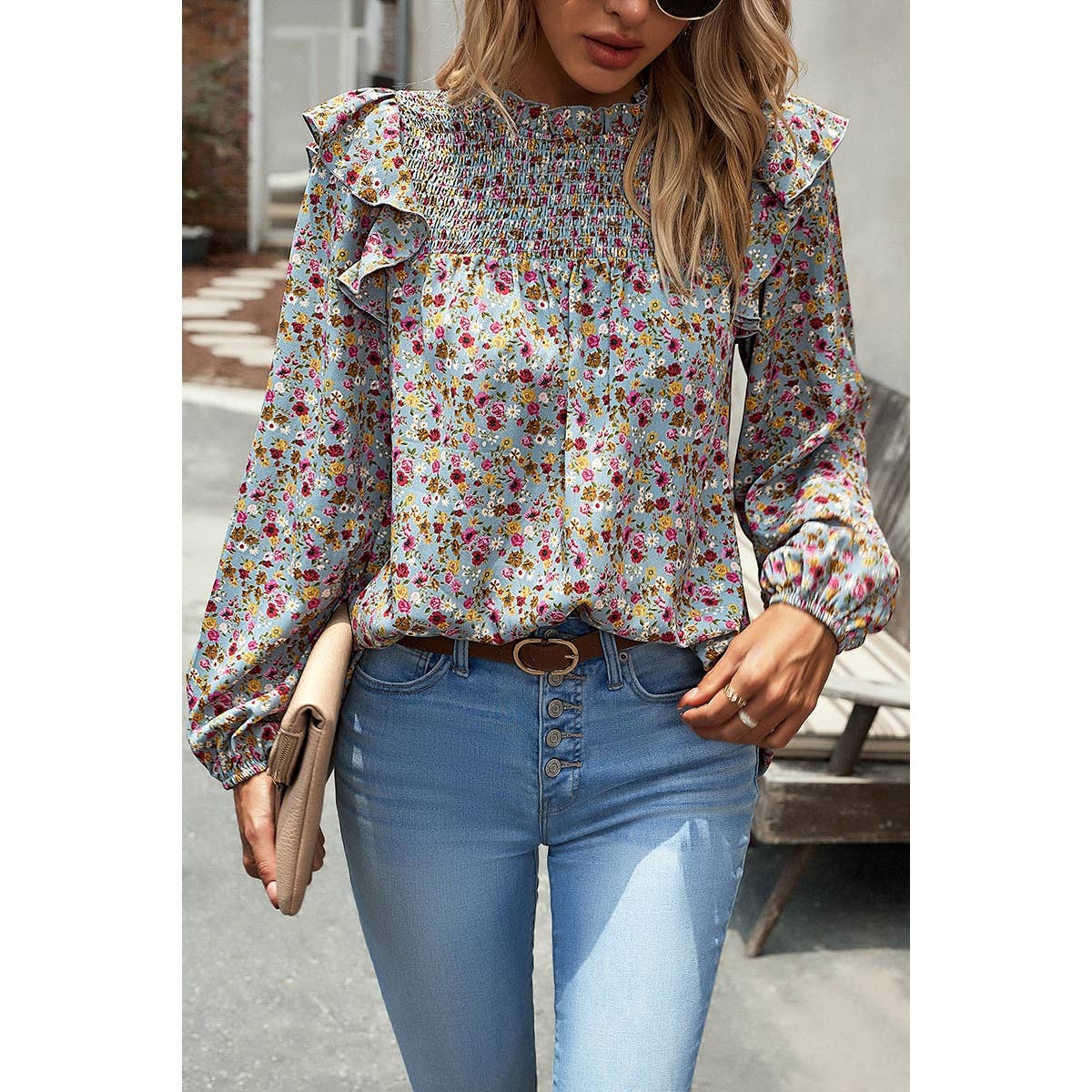 Floral Print Smocked Ruffled Shoulder Loose Blouse: BLUE / S