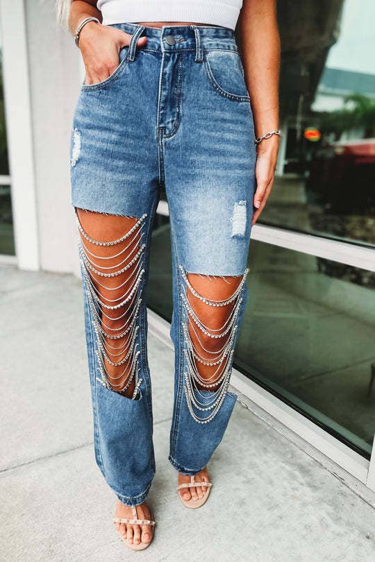 Denim & Diamonds Rhinestone Chain Ripped Cut Out Jeans: Blue / M
