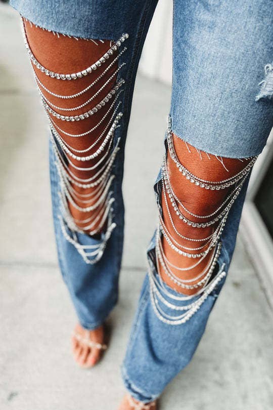 Denim & Diamonds Rhinestone Chain Ripped Cut Out Jeans: Blue / M