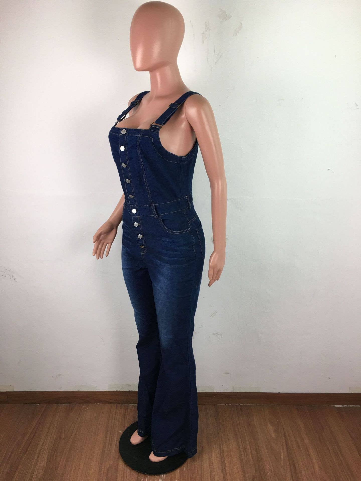 High rise Buttons denim bootcut overalls: Blue / L