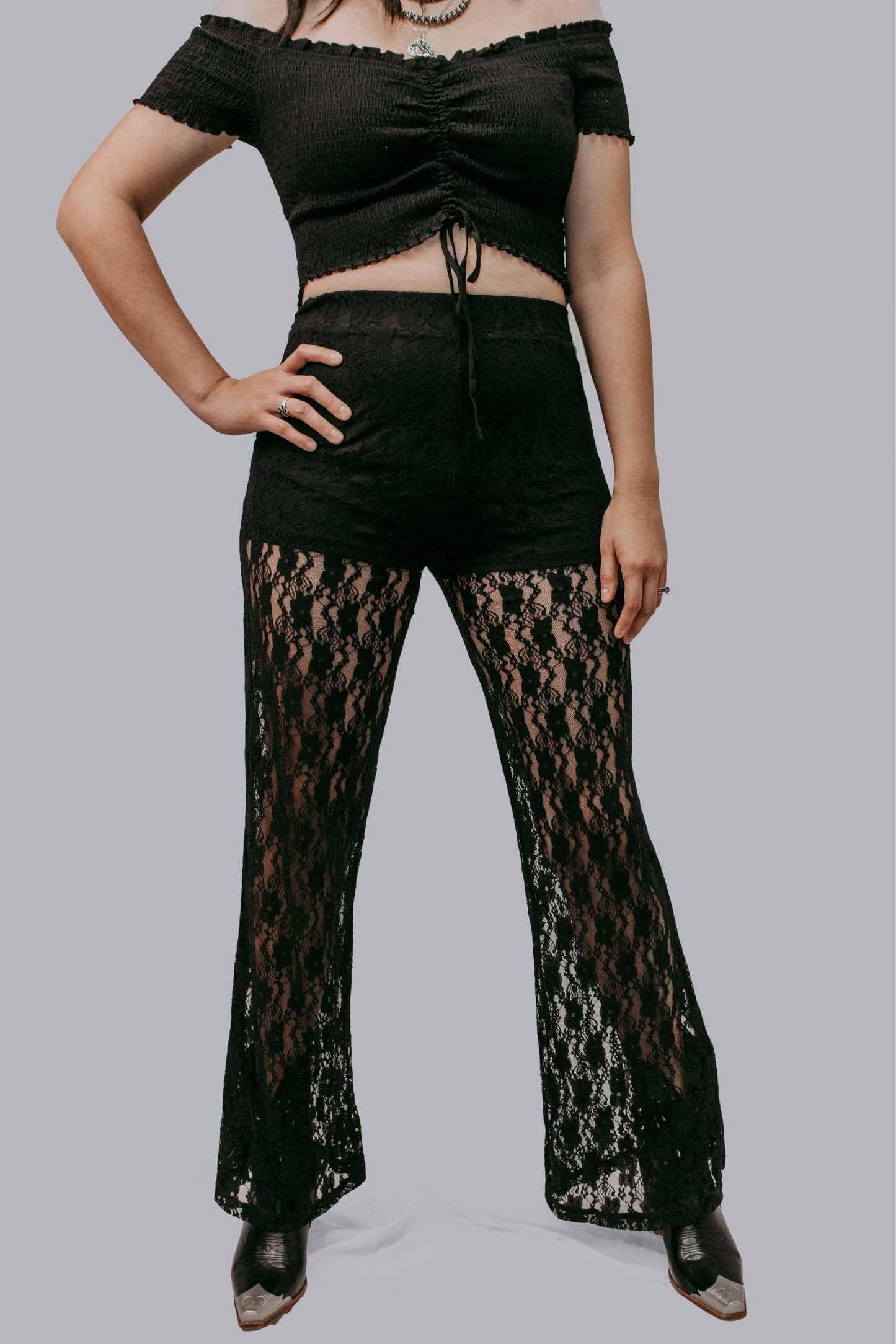 MK644 Lace Flare Pants: Black / S
