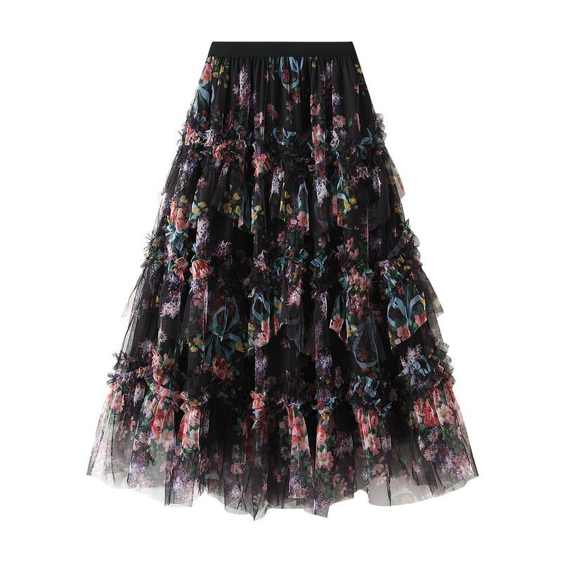Floral tiered midi tulle skirt: Black / M