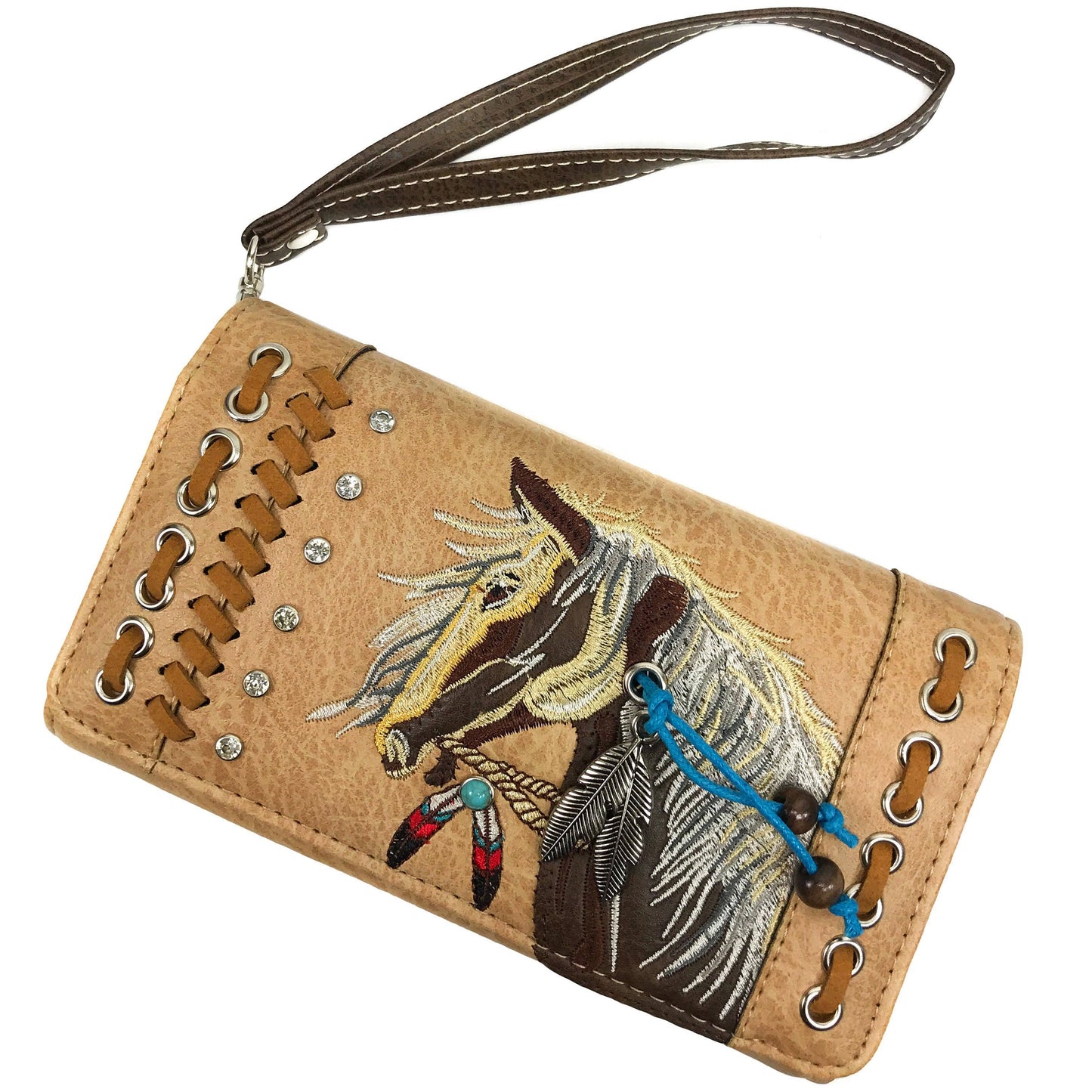 Horse Embroidery Western Crossbody Wristlet Wallet: Brown
