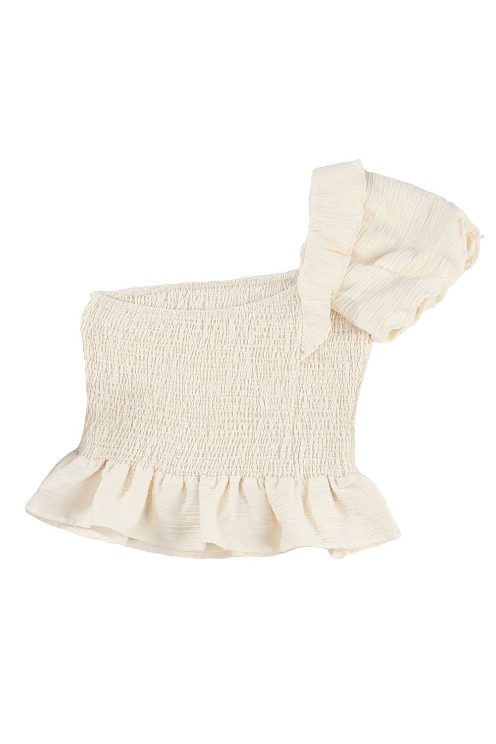 Ruffled One-shoulder Smocked Top: Apricot / 50%Polyester+45%Viscose+5%Elastane / XL