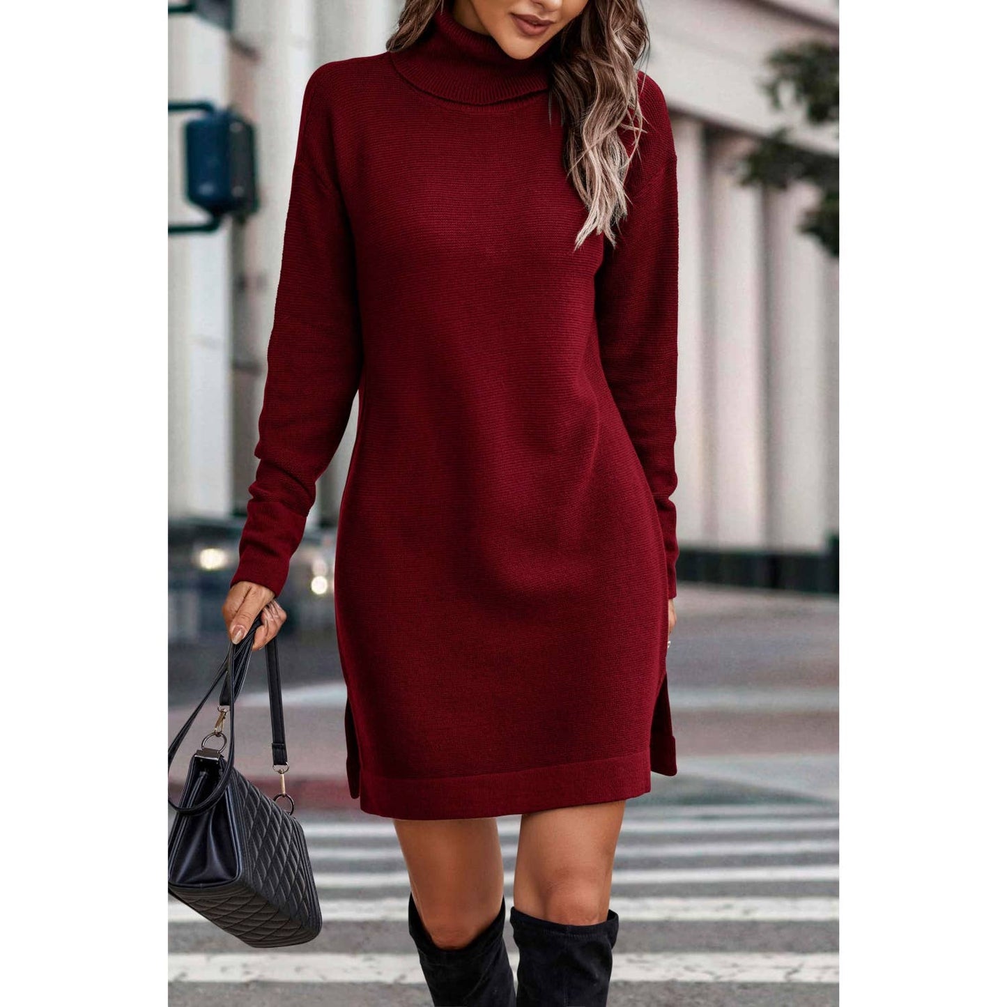Roll Neck Knit Solid Sweater Dress: BLACK / M