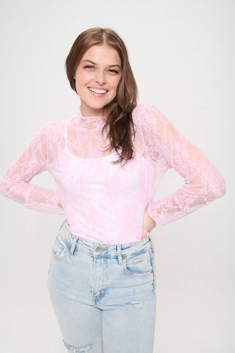 Floral print lace long sleeves top KRT1739: FUCHSIA / M