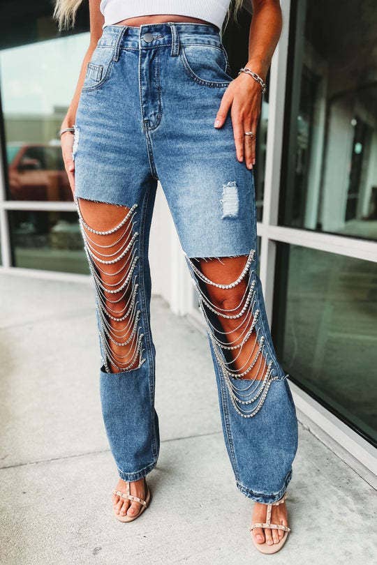 Denim & Diamonds Rhinestone Chain Ripped Cut Out Jeans: Blue / M
