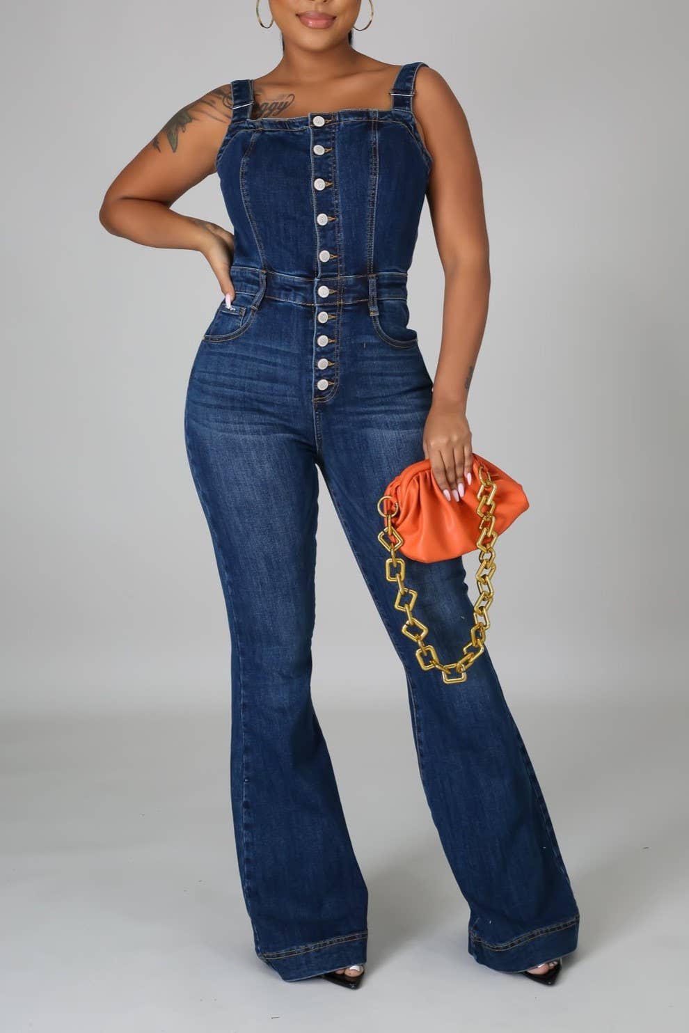 High rise Buttons denim bootcut overalls: Blue / L