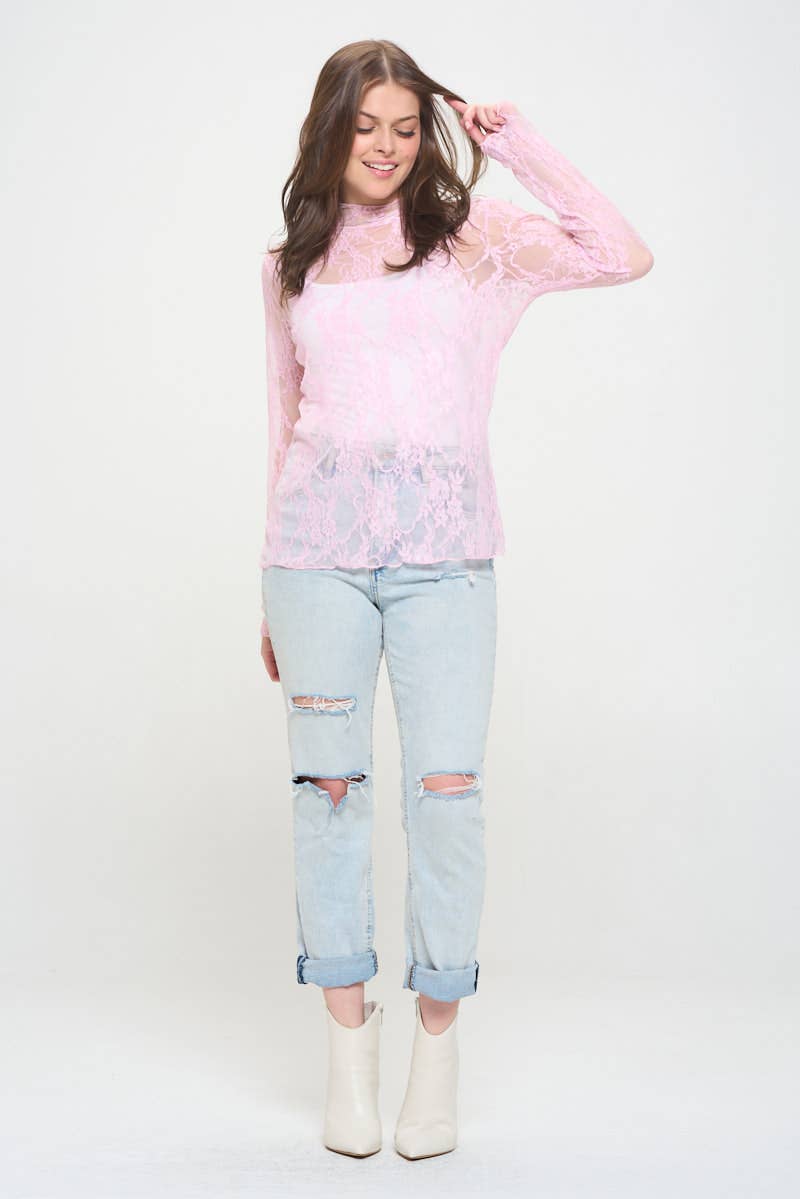 Floral print lace long sleeves top KRT1739: FUCHSIA / M
