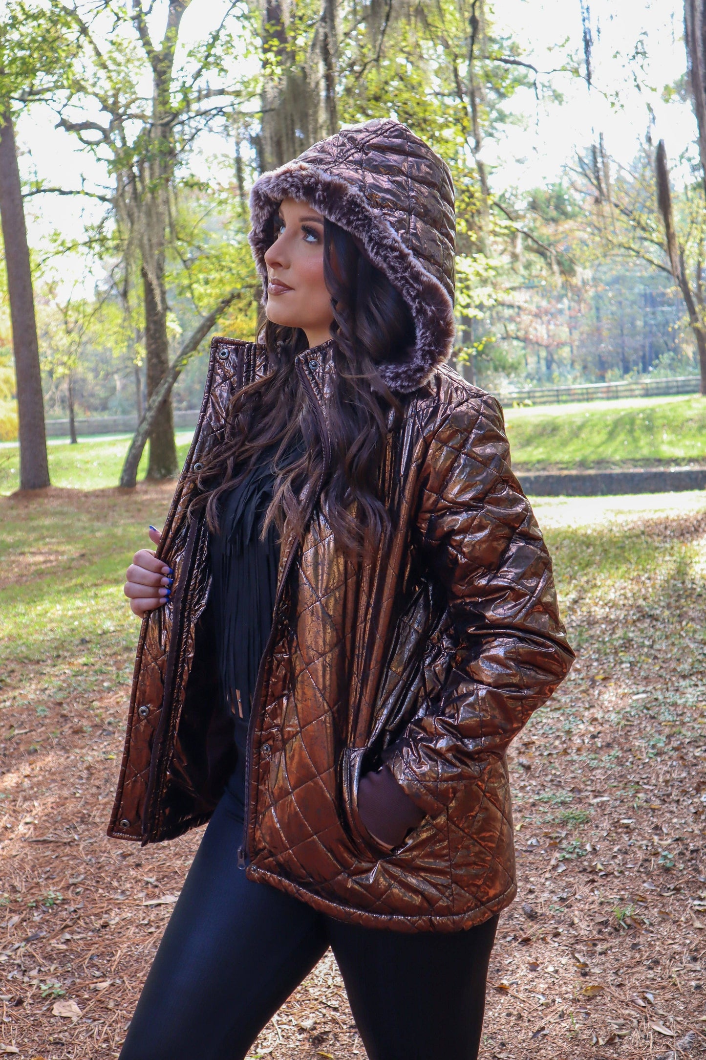 MK132 Carolina Fur Trimmed Quilted Jacket - Navy: NAVY / M