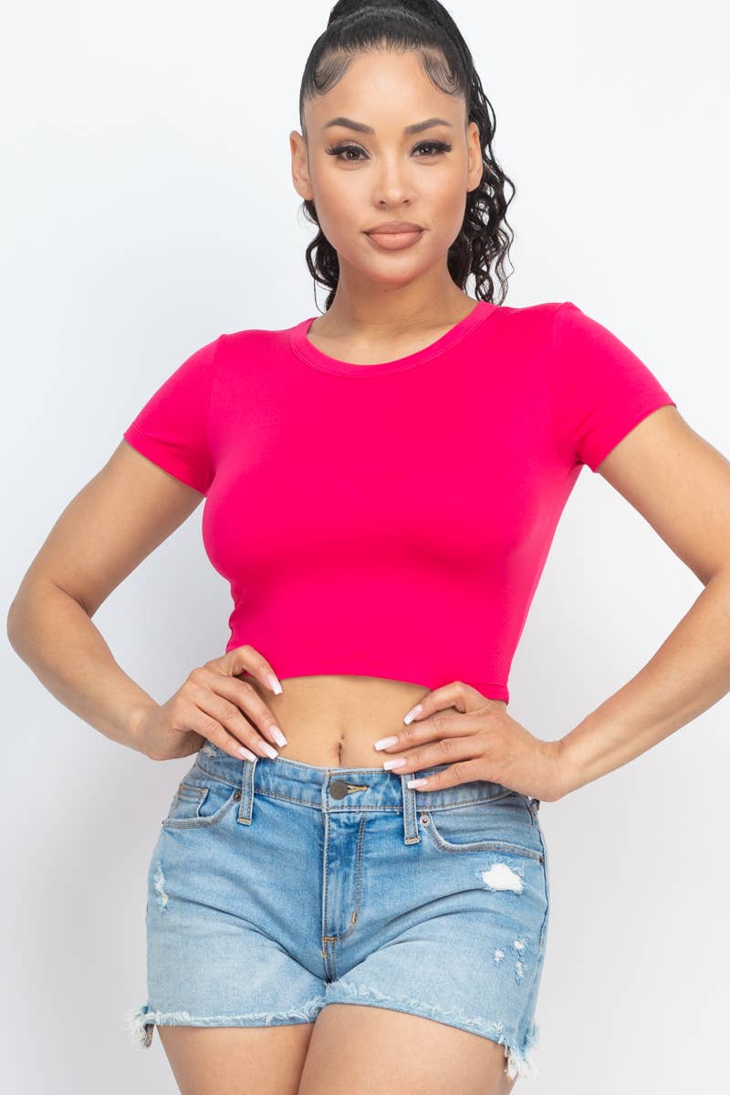 Short Sleeve Roundneck Crop Top: Dahlia / M