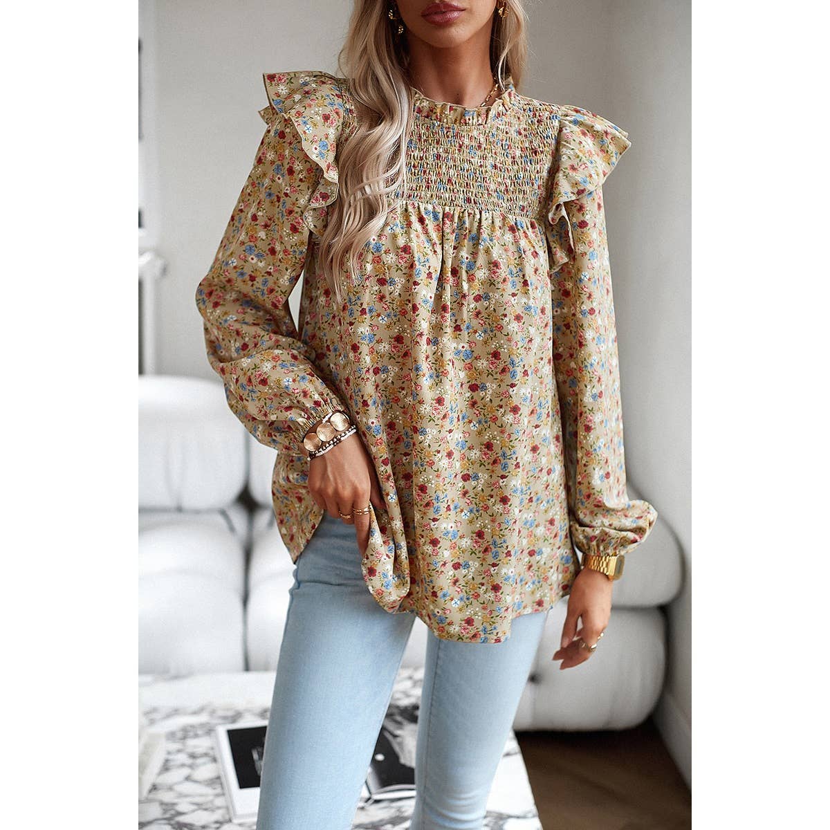 Floral Print Smocked Ruffled Shoulder Loose Blouse: BLUE / S