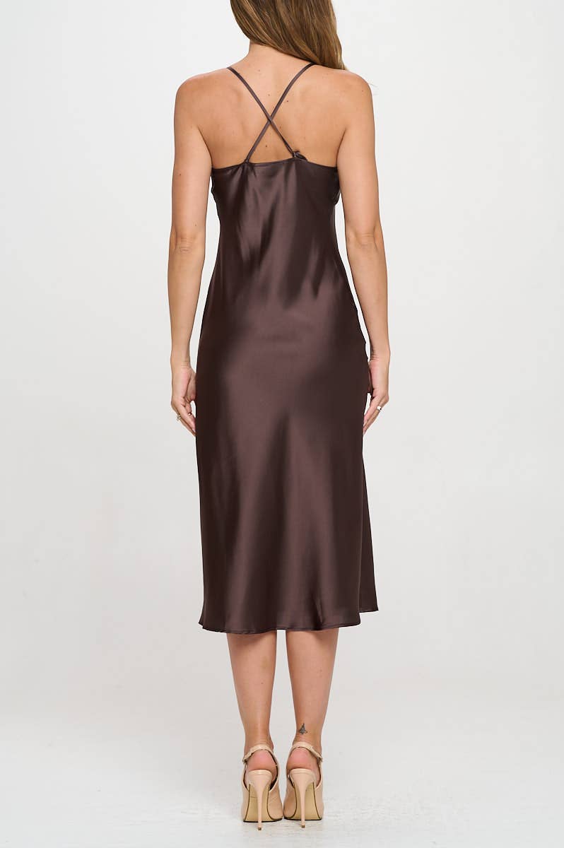 Made in USA Satin Bias Slip Dress with Slit: Chocolate / M