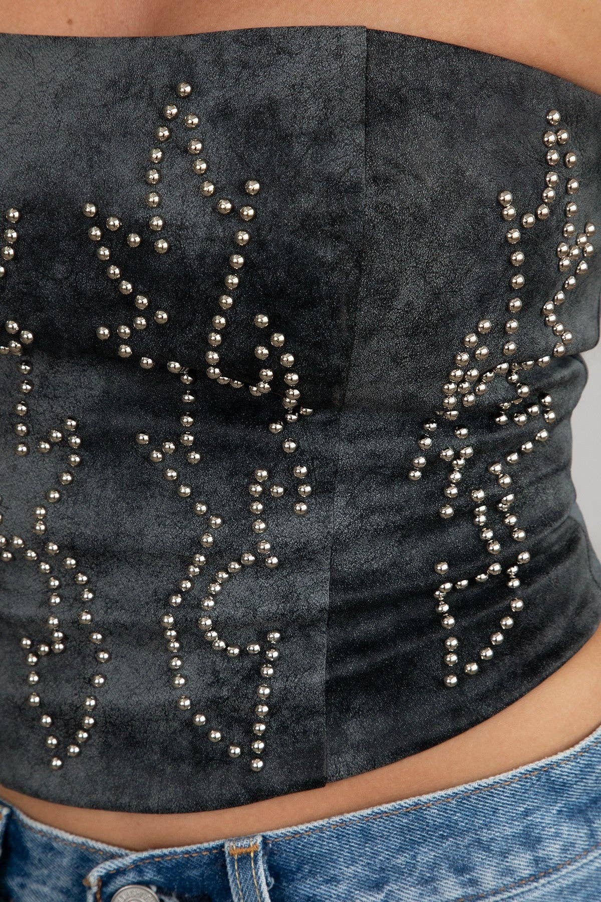 Boot Stitch Leather Studded Corset Top - Dark Brown