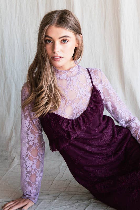 Floral print lace long sleeves top KRT1739: FUCHSIA / M