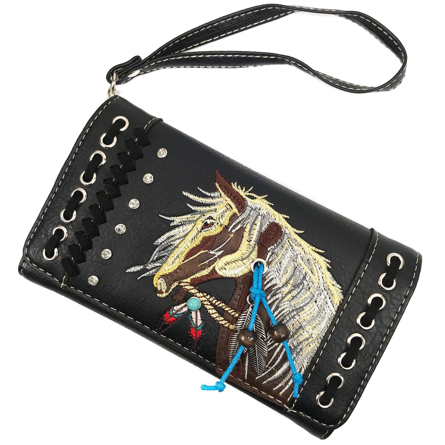 Horse Embroidery Western Crossbody Wristlet Wallet: Brown