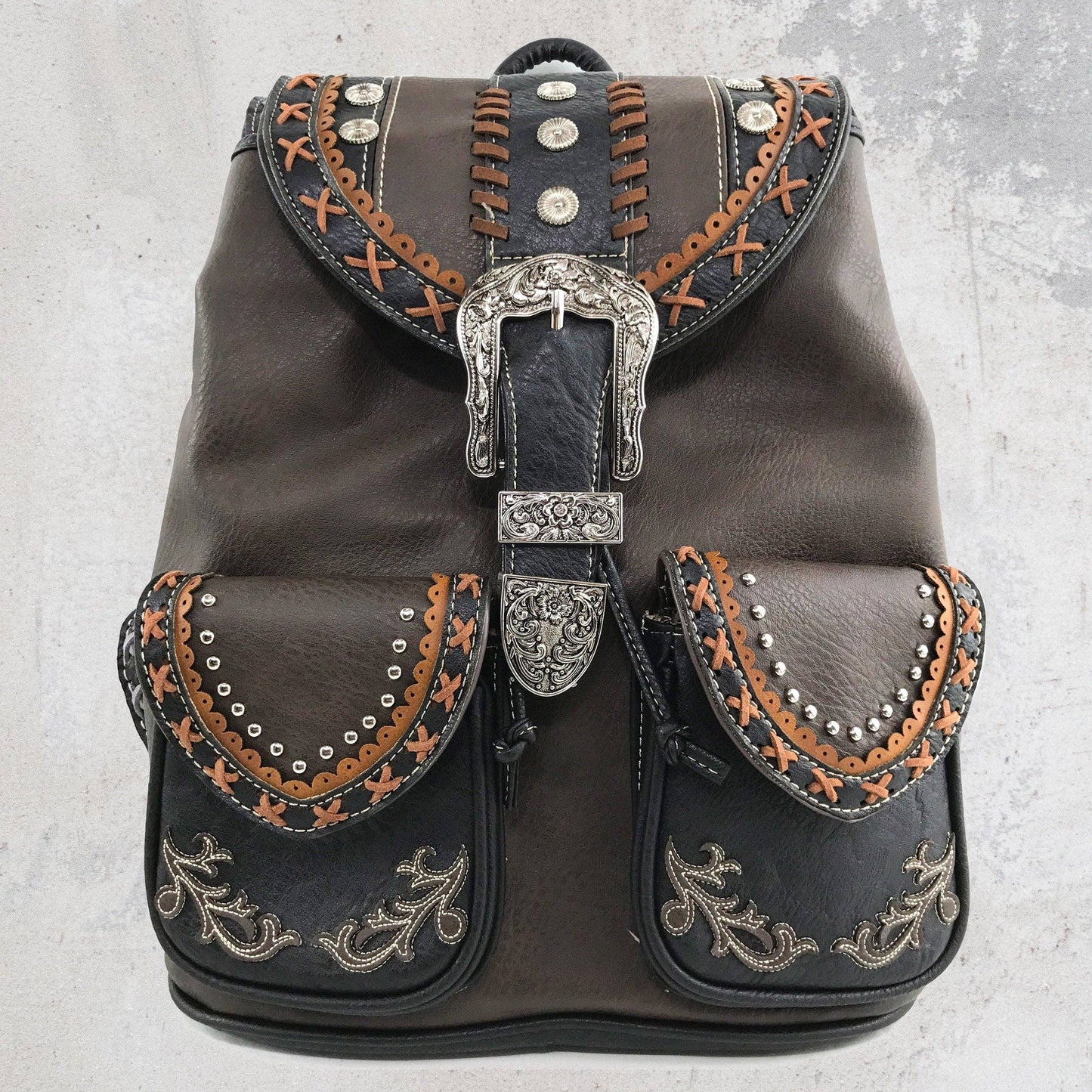 Western Leather Buckle Backpack: Tan