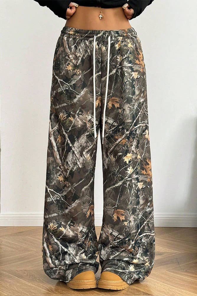 Elastic Waistband Camouflage Print Wide Leg Pants ZK2316: Army Green / M