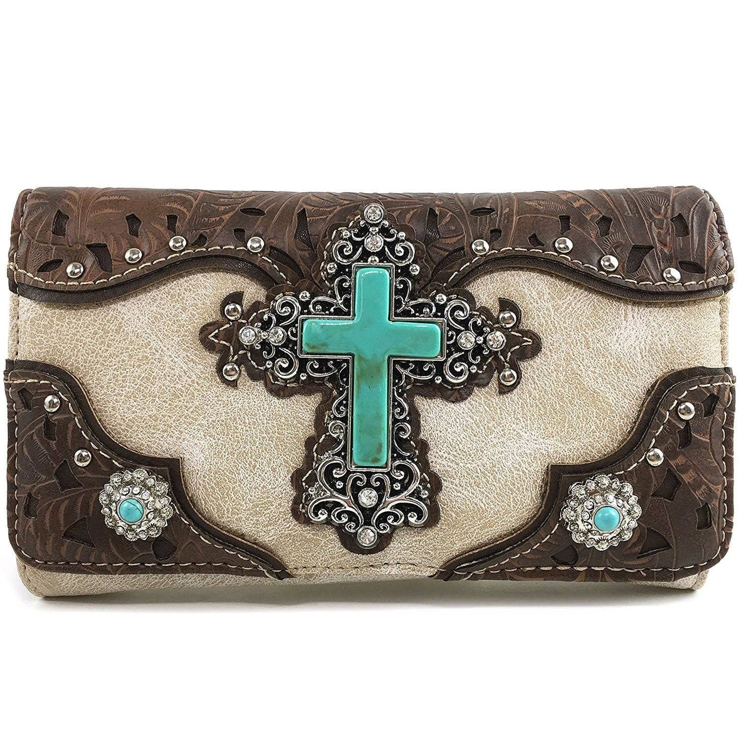 Turquoise Cross Pu Leather Western Crossbody Wallet: Beige