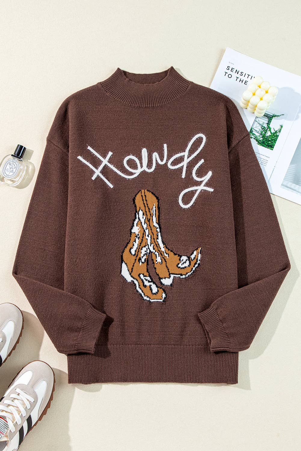 Howdy Boot Mock Neck Sweater: Coffee / M