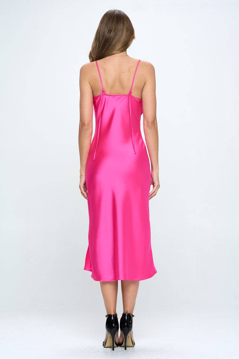 Made in USA Satin Bias Slip Dress with Slit: FUSCHIA / SMALL