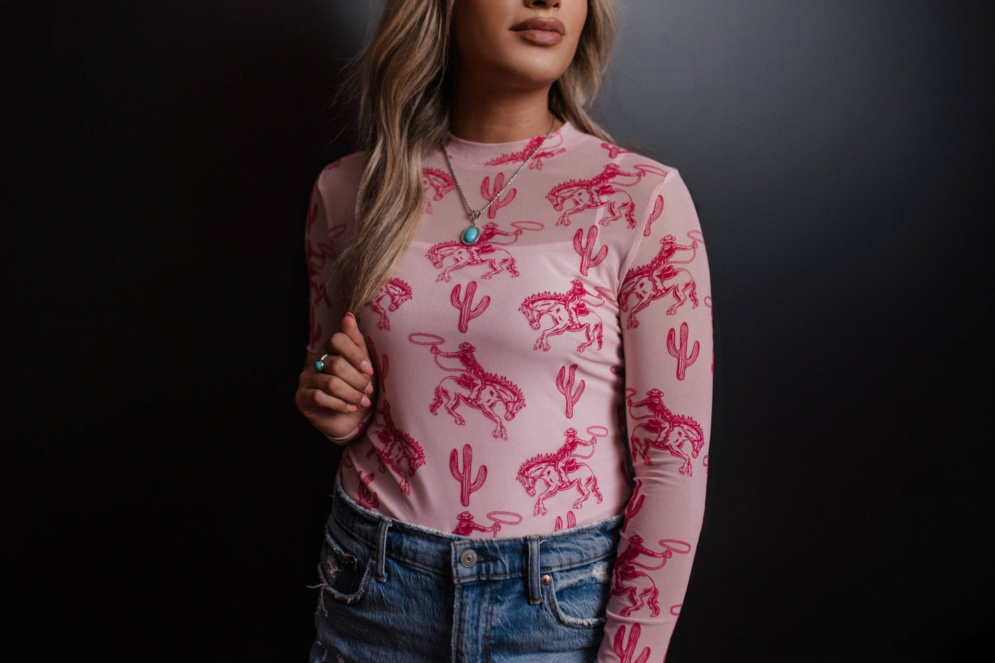 Pink Broncs Velvet Mesh Top: Pink / M