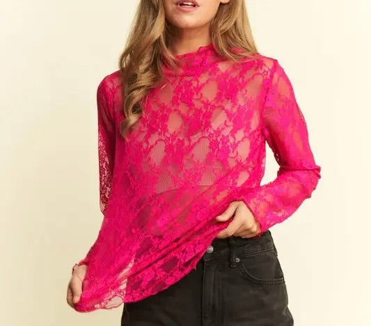 Floral Print Lace Top Long Sleeves Top for Women - Mesh Fabric - Nylon floral shirt - Fuchsia/L