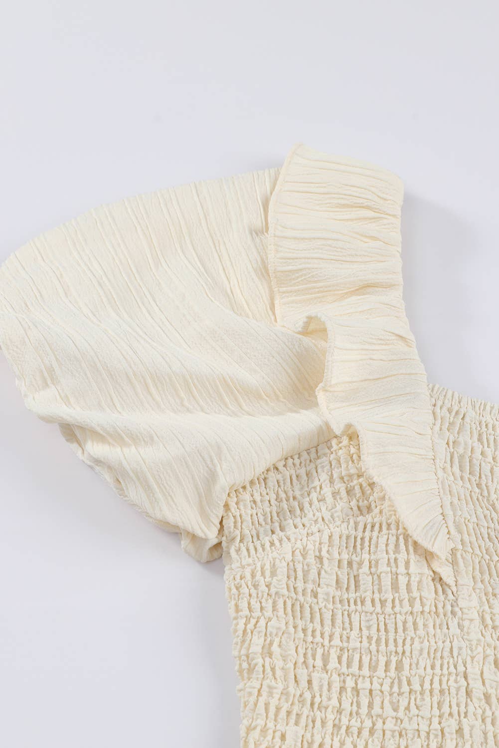 Ruffled One-shoulder Smocked Top: Apricot / 50%Polyester+45%Viscose+5%Elastane / XL