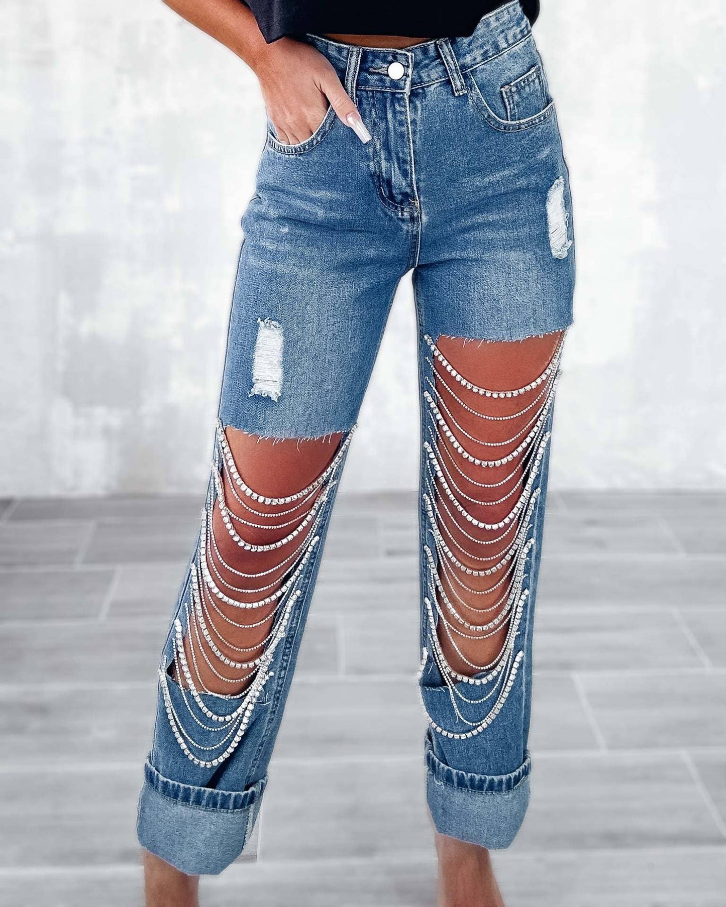 Denim & Diamonds Rhinestone Chain Ripped Cut Out Jeans: Blue / M