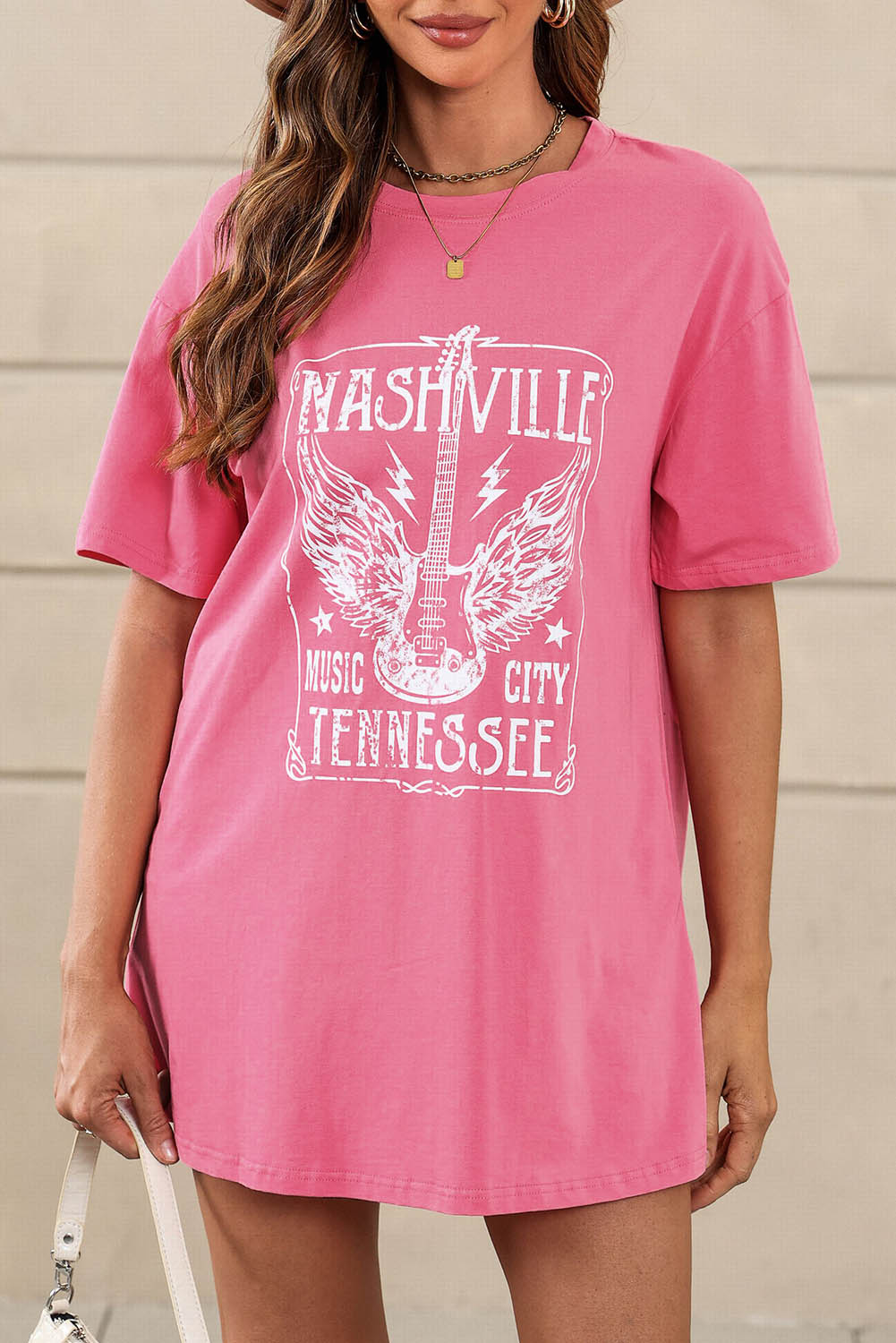 Pink Guitar Slogan Letter Graphic Print Oversized Tee