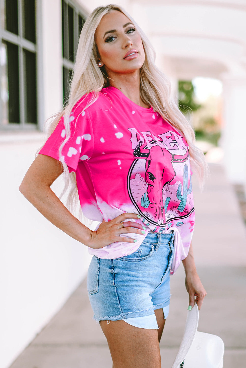 Hyper Pink Desert Vibes Skull Graphic Print Tee