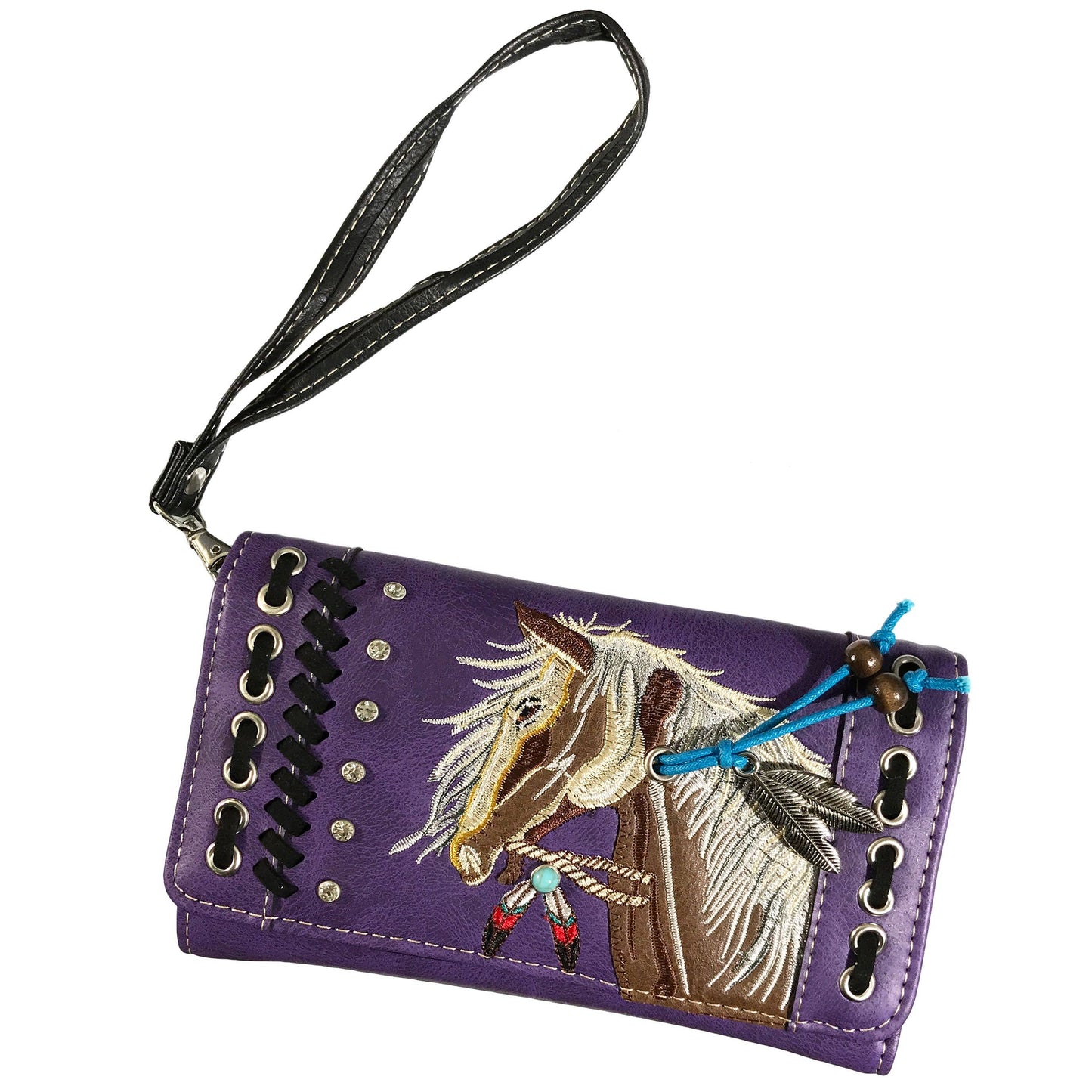 Horse Embroidery Western Crossbody Wristlet Wallet: Turquoise