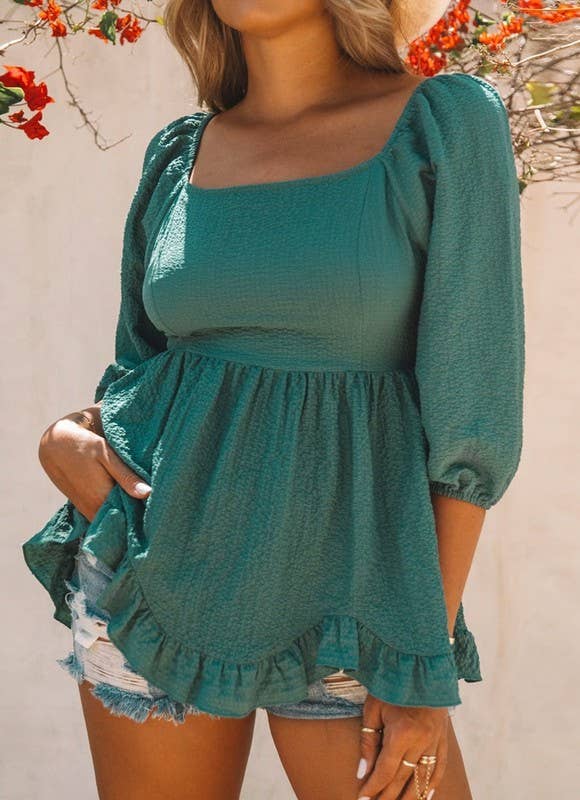 Ruffle Smocked Babydoll Top: M / Green